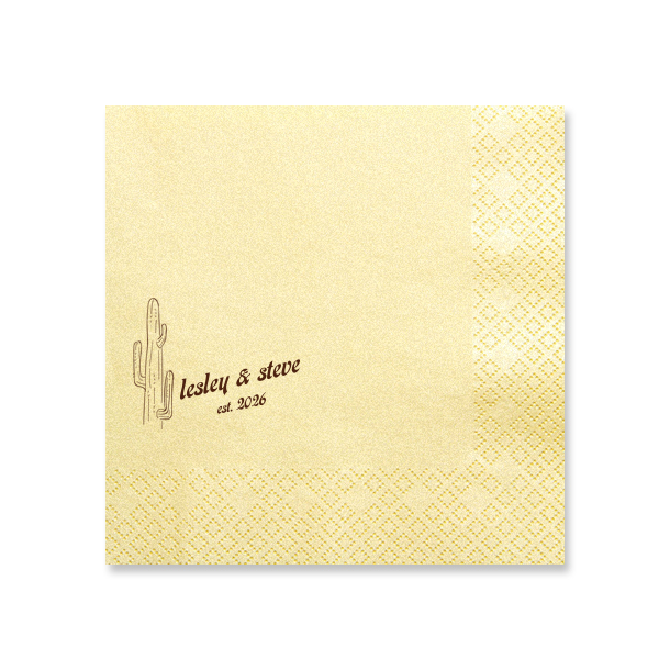 The Desert Sunburst Cactus Napkin features a minimalist cactus illustration and rustic typography of the couple’s names and event date for a charming western-inspired touch. Customize yours to bring personality and cohesive style to your celebration. A natural choice for weddings or outdoor receptions.