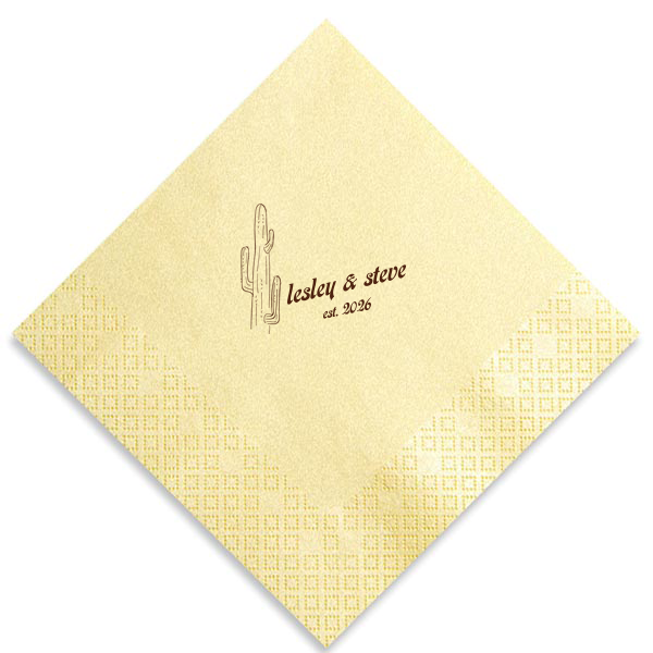 The Desert Sunburst Cactus Napkin features a minimalist cactus illustration and rustic typography of the couple’s names and event date for a charming western-inspired touch. Customize yours to bring personality and cohesive style to your celebration. A natural choice for weddings or outdoor receptions.