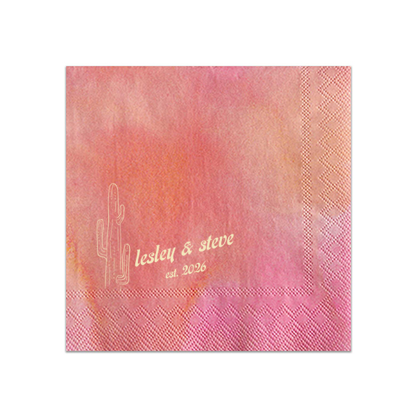 The Desert Sunburst Cactus Napkin features a minimalist cactus illustration and rustic typography of the couple’s names and event date for a charming western-inspired touch. Customize yours to bring personality and cohesive style to your celebration. A natural choice for weddings or outdoor receptions.