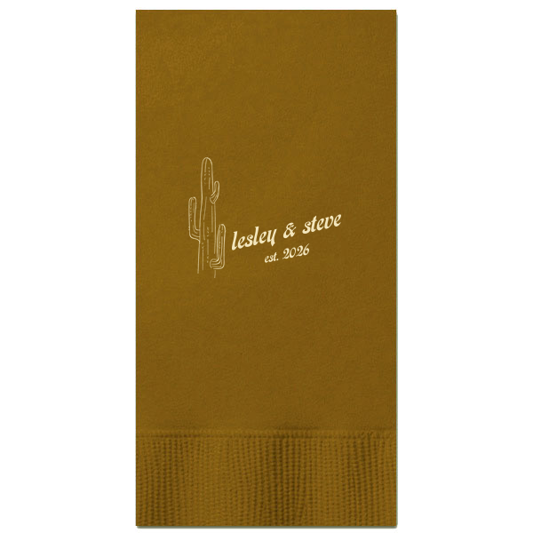 The Desert Sunburst Cactus Napkin features a minimalist cactus illustration and rustic typography of the couple’s names and event date for a charming western-inspired touch. Customize yours to bring personality and cohesive style to your celebration. A natural choice for weddings or outdoor receptions.