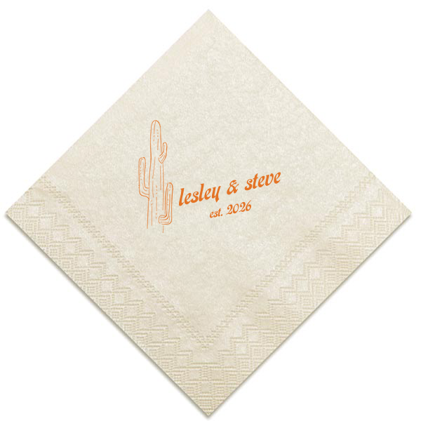 The Desert Sunburst Cactus Napkin features a minimalist cactus illustration and rustic typography of the couple’s names and event date for a charming western-inspired touch. Customize yours to bring personality and cohesive style to your celebration. A natural choice for weddings or outdoor receptions.