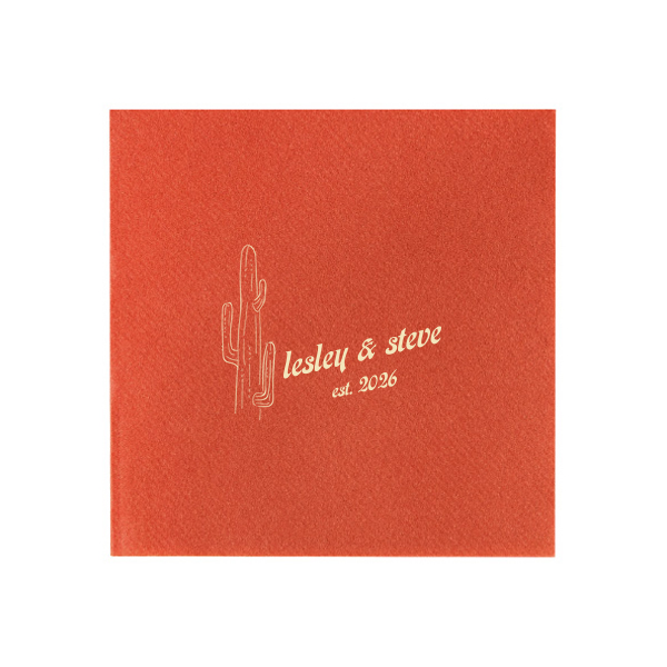 The Desert Sunburst Cactus Napkin features a minimalist cactus illustration and rustic typography of the couple’s names and event date for a charming western-inspired touch. Customize yours to bring personality and cohesive style to your celebration. A natural choice for weddings or outdoor receptions.