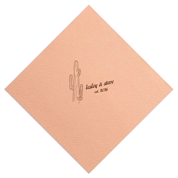 The Desert Sunburst Cactus Napkin features a minimalist cactus illustration and rustic typography of the couple’s names and event date for a charming western-inspired touch. Customize yours to bring personality and cohesive style to your celebration. A natural choice for weddings or outdoor receptions.