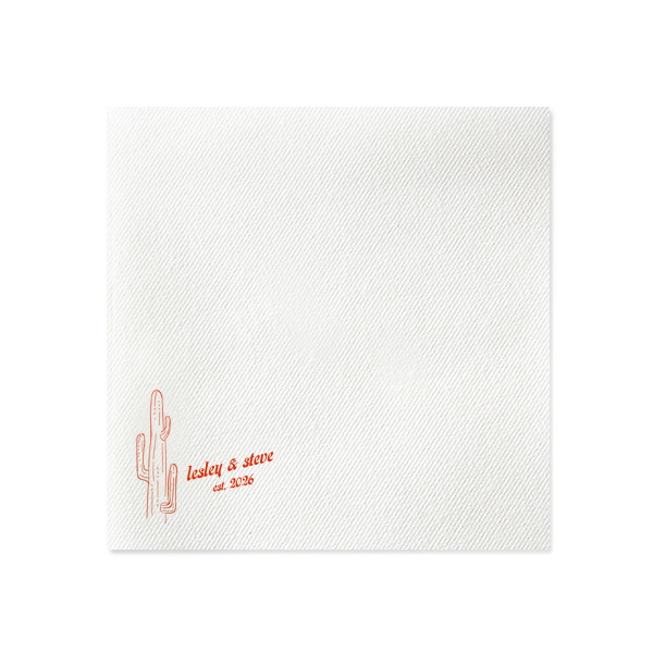 The Desert Sunburst Cactus Napkin features a minimalist cactus illustration and rustic typography of the couple’s names and event date for a charming western-inspired touch. Customize yours to bring personality and cohesive style to your celebration. A natural choice for weddings or outdoor receptions.