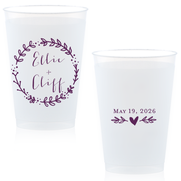This Wreath Names Cup features a romantic botanical wreath surrounding the couple’s names on one side and a sweet heart accent with a special date on the other. Order a set to serve drinks with a charming, custom touch guests will love. Lovely for wedding receptions!