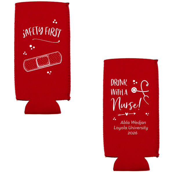 ForYourParty's chic Red Flat Can Cooler with Matte White Ink Cup Ink Colors has a Bandaid graphic and a Stethescope Heart graphic and is good for use in Graduation, Hearts themed parties and can be customized to complement every last detail of your party.