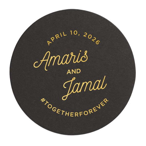 Toast to elegance with the Elegant Modern Script Name & Hashtag Coaster, where love circles timelessly. The couple's names dance in a chic script, crowned by the celebration date and grounded with a bespoke hashtag, inviting guests to share the joy. It's a classy touch to any refined celebration. 