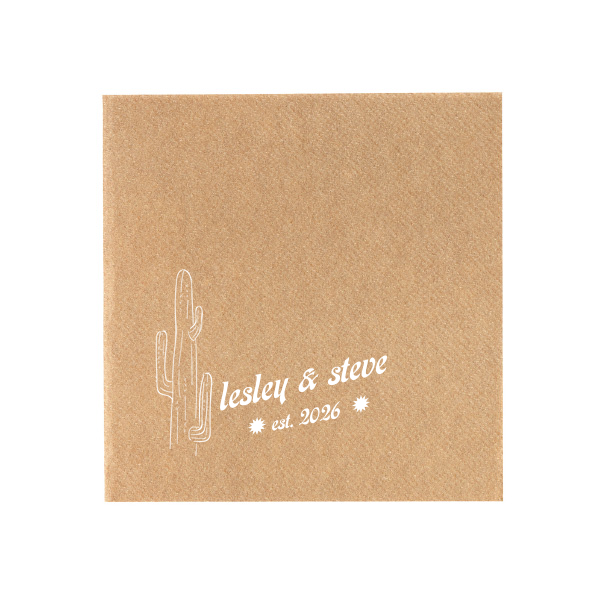 The Desert Sunburst Cactus Napkin features a minimalist cactus illustration and rustic typography of the couple’s names and event date for a charming western-inspired touch. Customize yours to bring personality and cohesive style to your celebration. A natural choice for weddings or outdoor receptions.