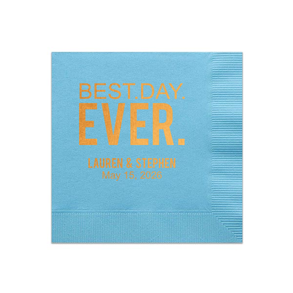 Have the best party details ever with this personalized napkin. The bold font, Rose Gold foil and Light Navy napkin work together for a stylish look. Keep these colors or change to match your theme. Add your names and wedding date for a bar addition you and your guests will love!