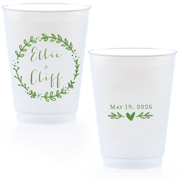 This Wreath Names Cup features a romantic botanical wreath surrounding the couple’s names on one side and a sweet heart accent with a special date on the other. Order a set to serve drinks with a charming, custom touch guests will love. Lovely for wedding receptions!