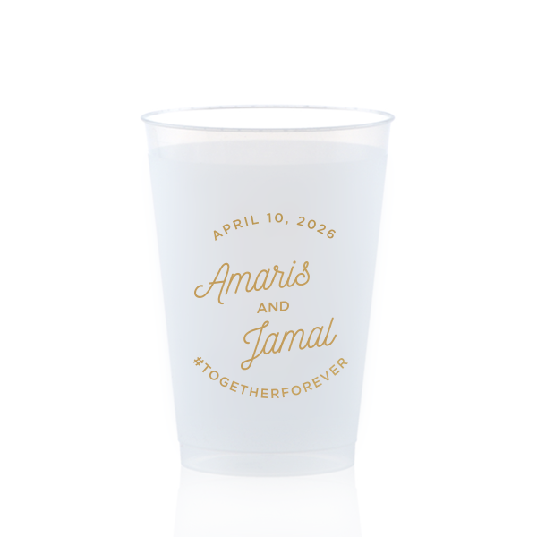 Elevate your event with the Modern Script Names & Hashtag Frosted Cup, a fusion of contemporary style and social savvy. Featuring the couple's names, event date, and a custom hashtag, this cup turns every sip into a stylish, shareable moment, perfect for modern celebrations.