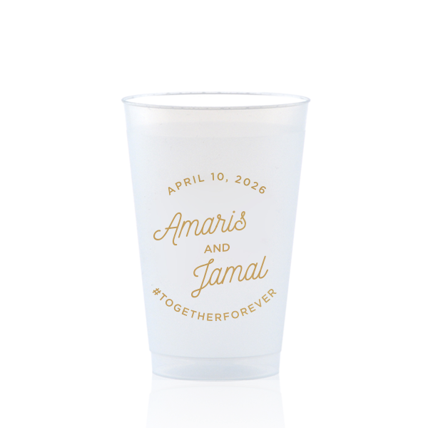 Elevate your event with the Modern Script Names & Hashtag Frosted Cup, a fusion of contemporary style and social savvy. Featuring the couple's names, event date, and a custom hashtag, this cup turns every sip into a stylish, shareable moment, perfect for modern celebrations.