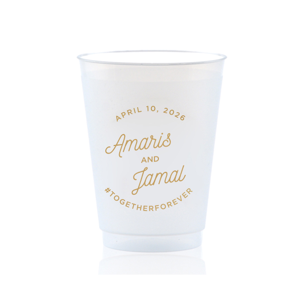 Elevate your event with the Modern Script Names & Hashtag Frosted Cup, a fusion of contemporary style and social savvy. Featuring the couple's names, event date, and a custom hashtag, this cup turns every sip into a stylish, shareable moment, perfect for modern celebrations.
