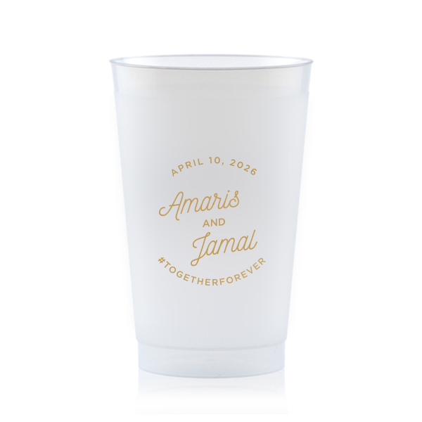 Elevate your event with the Modern Script Names & Hashtag Frosted Cup, a fusion of contemporary style and social savvy. Featuring the couple's names, event date, and a custom hashtag, this cup turns every sip into a stylish, shareable moment, perfect for modern celebrations.