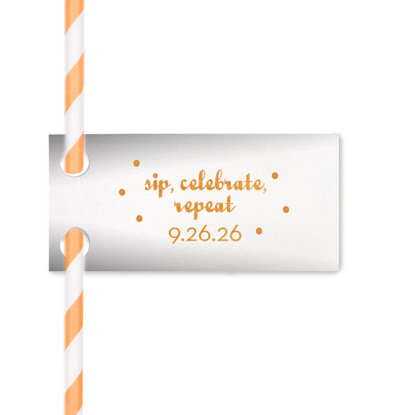 Dress up drinks with your theme! Add this personalized straw tag in Stardream Crystal White with Copper foil and polka dots for a fun bar addition. Our trendy Sip, Celebrate, Repeat design will be a hit.