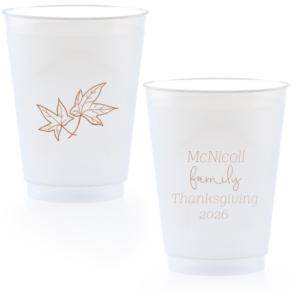 Elevate your autumn gatherings with the Thanksgiving Fall Leaves Cup! Two elegant fall leaves float gracefully, adding a touch of seasonal charm. Personalize the reverse side with four dynamic lines, each in playful fonts. Perfect for sipping and celebrating in style. Cheers to a well-scripted harvest!