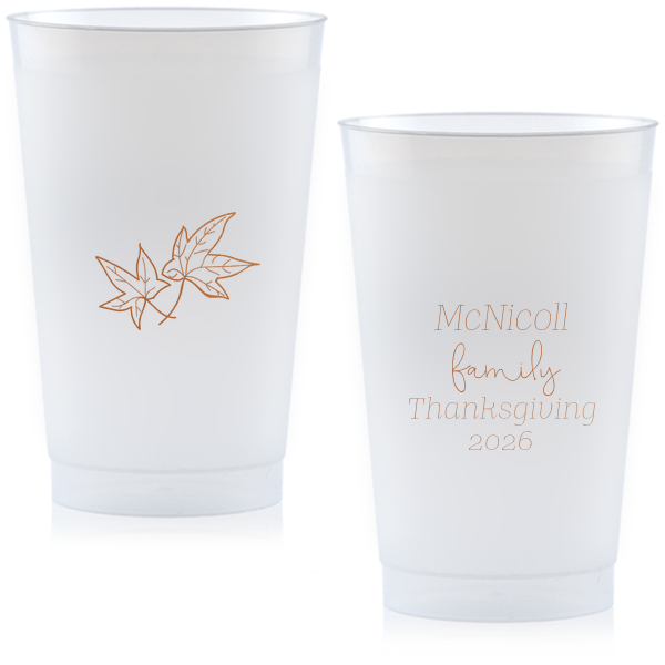 Elevate your autumn gatherings with the Thanksgiving Fall Leaves Cup! Two elegant fall leaves float gracefully, adding a touch of seasonal charm. Personalize the reverse side with four dynamic lines, each in playful fonts. Perfect for sipping and celebrating in style. Cheers to a well-scripted harvest!