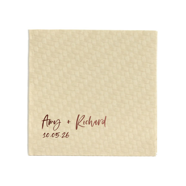 Elegance swirls with celebration in the Swirly Script Name Napkin. With the couple's names dancing in graceful loops above a date stamp of love, this napkin doesn't just wipe spills—it whispers sweet memories of the day you said 'I do.' Make your soirée unforgettable!
