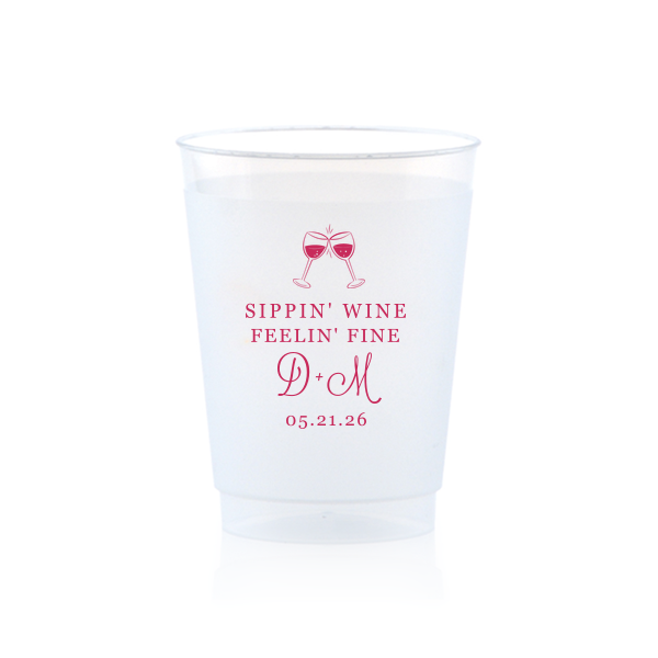 Custom Matte Dark Magenta Ink 10 oz Frost Flex Cup with Matte Dark Magenta Ink Cup Ink Colors has a Wine Toast graphic and is good for use in Drinks themed parties and are a must-have for your next event—whatever the celebration!