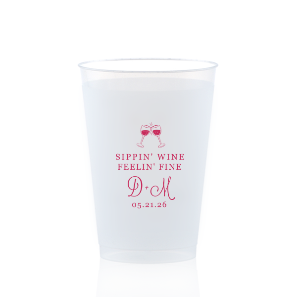 Custom Matte Dark Magenta Ink 10 oz Frost Flex Cup with Matte Dark Magenta Ink Cup Ink Colors has a Wine Toast graphic and is good for use in Drinks themed parties and are a must-have for your next event—whatever the celebration!