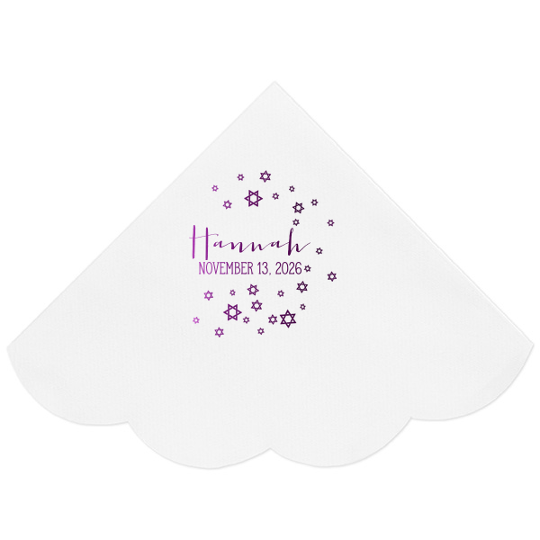 50 Hannah Stars Cocktail Napkin - Personalized Bar Mitzvah and Bat Mitzvah Scalloped Luncheon Napkin (Foil)