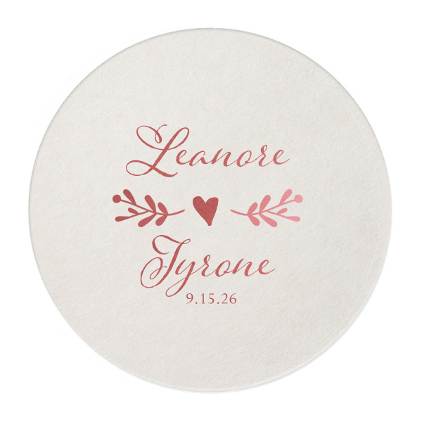 ForYourParty's personalized Eggshell Scallop Coaster with Shiny Rose Quartz Foil has a Twig Flourish graphic and is good for use in Floral and Wedding themed parties and will make your guests swoon. Personalize your party's theme today.