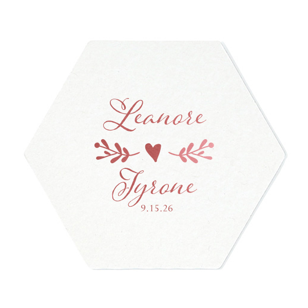 ForYourParty's personalized Eggshell Scallop Coaster with Shiny Rose Quartz Foil has a Twig Flourish graphic and is good for use in Floral and Wedding themed parties and will make your guests swoon. Personalize your party's theme today.