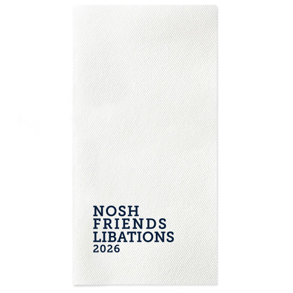 Invite delight with Nosh Napkins, the quintessential companion for laid-back gatherings. With "Nosh, Friends, Libations" delightfully stacked, these napkins set the stage for light bites and lively banter. Add a personal touch and watch casual get-togethers transform into cherished memories. Let's enjoy a nosh with style!