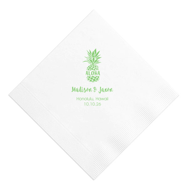 Savor the essence of island life with the Aloha Pineapple Napkin. A cheerful pineapple stamped with 'Aloha' sets a laid-back, tropical scene, while the couple's names and date below promise a future as bright as Hawaiian sunshine