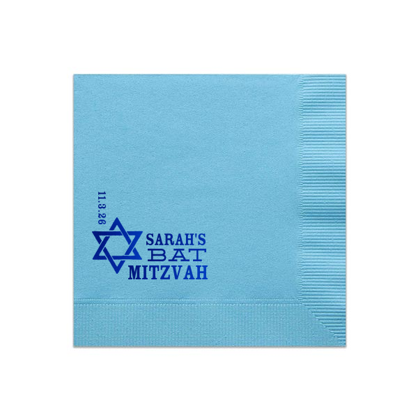 Mazel Tov to the Bat Mitzvah on her milestone moment! The Star of David Bat Mitzvah Napkin elegantly displays the celebrant's name and special date beside the Star of David. A symbolic and traditional design for this coming of age ceremony.