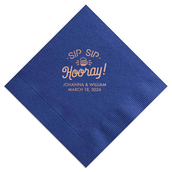 Raise the Sip Sip Hooray Napkin and let the good times pour! A jubilant mug with effervescent rays captures the celebratory cheer, perfectly paired with the couple's names and event date for a toast to remember.