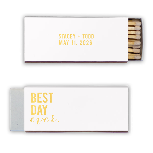 50 Stacked Best Day Ever Name and Date Wedding Match - Personalized Anniversary Candle Matchbox (Foil)