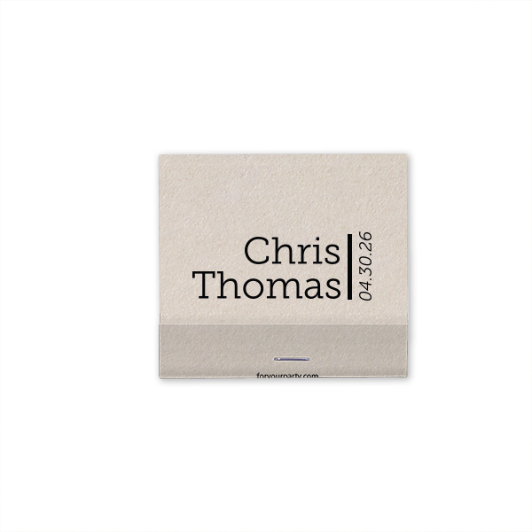 The Simply Elegant Names and Vertical Date Matchbox embodies modern sophistication with a minimalist approach. It features the couple's names beside a bold vertical line that artfully separates them from the event date, printed vertically from bottom to top. This design's clean lines and elegant simplicity make it a refined choice for any celebration.
