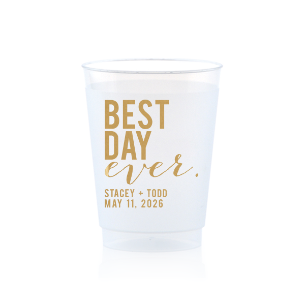 Raise a toast with the Best Day Ever Block Names Frosted Cup, where celebration is in every sip. It boldly declares "BEST DAY" in large, all-caps block letters, dramatically over "ever," in playful script. This emphatic statement is underscored by the couple's names and event date, making every drink a festive cheer.