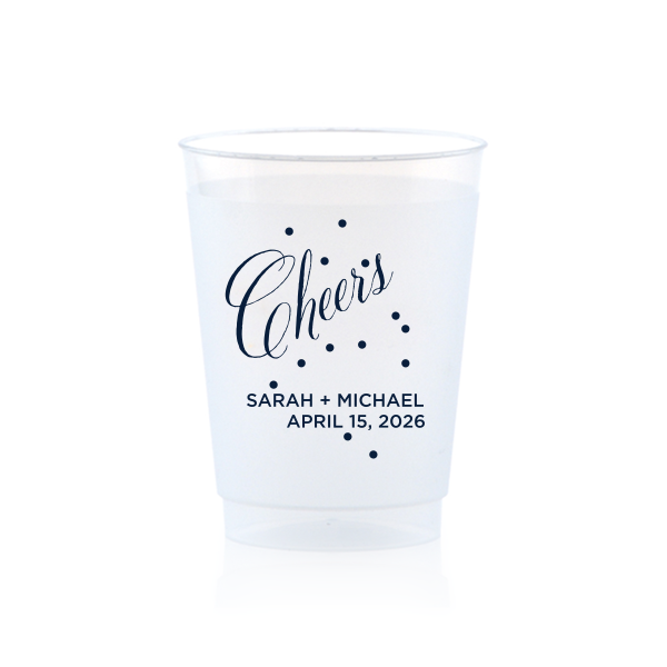 Toast in style with the Cheers Bubble Cup, brimming with effervescence. The word "Cheers" is beautifully rendered in swirling script, surrounded by lively bubble dots, capturing a sense of bubbly joy. Below, the couple's names and event date in block font add a personalized touch to this vibrant celebratory design.