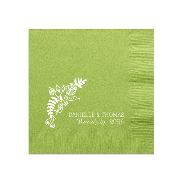 ForYourParty's chic Kiwi Cocktail Napkin with Matte White Foil has a Rustic Floral Accent graphic and is good for use in Floral themed parties and are a must-have for your next event—whatever the celebration!