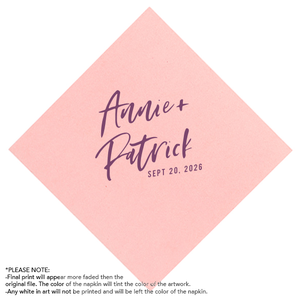 Our custom White Quick Ink Printed Cocktail Napkin with Matte Eggplant Ink Digital Print Colors will look fabulous with your unique touch. Your guests will agree!