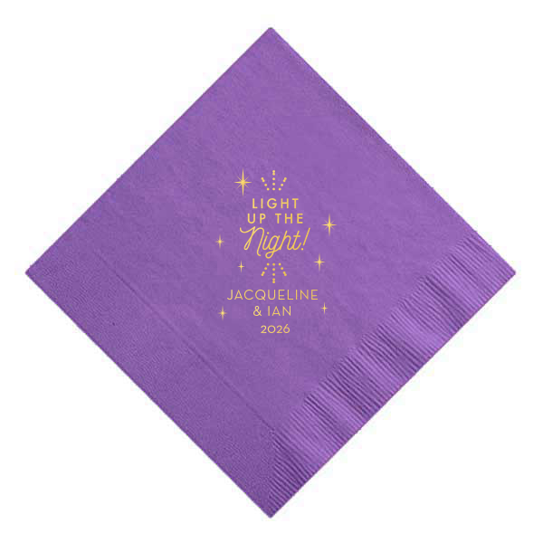 The ever-popular Plum Cocktail Napkin with Shiny 18 Kt Gold Foil has a Light the Night graphic and is good for use in Wedding, Words, Anniversary themed parties and are a must-have for your next event—whatever the celebration!