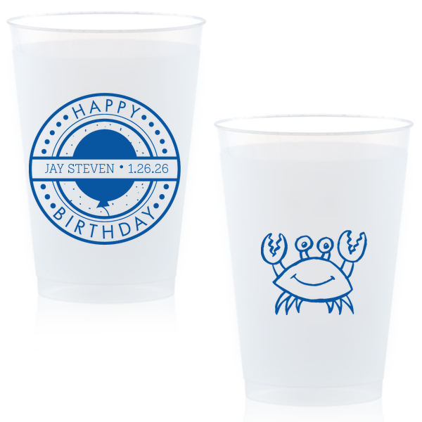 Cheers to another year with the Birthday Badge Cup, where a vibrant badge bursts with 'Happy Birthday,' balloons, and confetti. Personalize with the honoree's name and date, while a whimsical crab on the back adds a playful surprise.