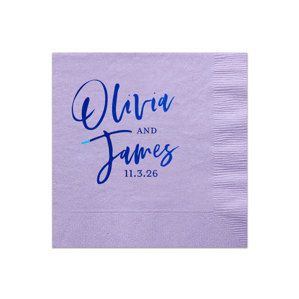 The Trendy Hand Script Names Napkin design boasts a chic, freestyle script that spotlights the couple's names with an urban edge signature style. Accompanied by the event date for a personalized touch, this design merges street art vibes with formal elegance, perfect for adding a cool twist to the celebration.