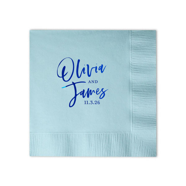 The Trendy Hand Script Names Napkin design boasts a chic, freestyle script that spotlights the couple's names with an urban edge signature style. Accompanied by the event date for a personalized touch, this design merges street art vibes with formal elegance, perfect for adding a cool twist to the celebration.