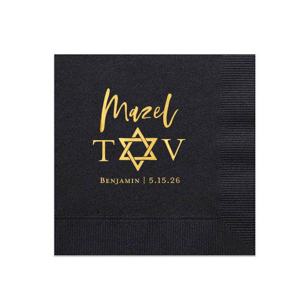 Our personalized Black Cocktail Napkin with Shiny 18 Kt Gold Foil has a Star 1 graphic and is good for use in Stars, Jewish Symbols themed parties and will add that special attention to detail that cannot be overlooked.