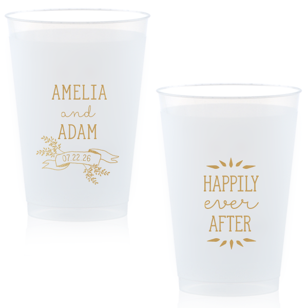 Our beautiful custom Gold Ink 14 oz Frost Flex Cup with Gold Ink Cup Ink Colors has a Twig Banner graphic and is good for use in Wedding, Floral themed parties and will add that special attention to detail that cannot be overlooked.