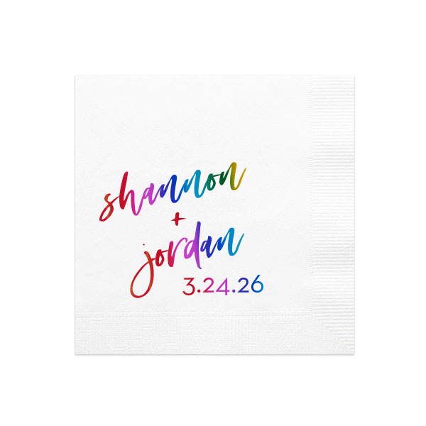 This Rainbow Script Names & Date Wedding Cocktail Napkin showcases vibrant multicolor calligraphy, modern handwritten lettering, and a bold date design on a clean white background. Add a personalized, eye-catching detail guests will notice and love. Great for weddings, engagement parties, or rehearsal dinners!