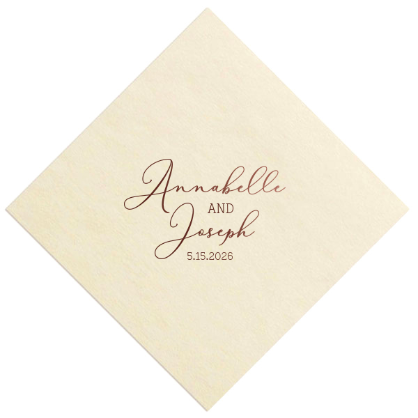 The Delicate Script Names and Date Wedding Napkin weaves an air of timeless elegance, with celebrants' names and event date displayed in a lace-like delicate script, creating an aura of classic romance perfect for gracing any matrimonial celebration with charm and sophistication.