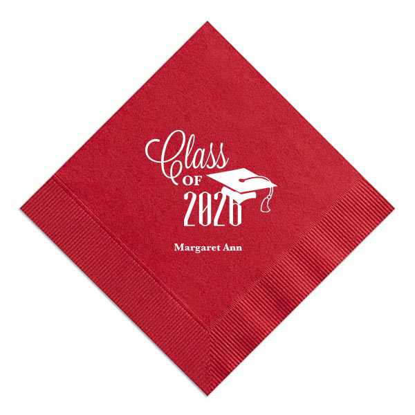Celebrate academic achievement with the Class of Graduation Cap Napkin. It proudly showcases the class year in a bold mix of script and block lettering, topped with a playful graduation cap design. Beneath, the graduate's name adds a personal touch, making this napkin a fitting tribute to their accomplishment.