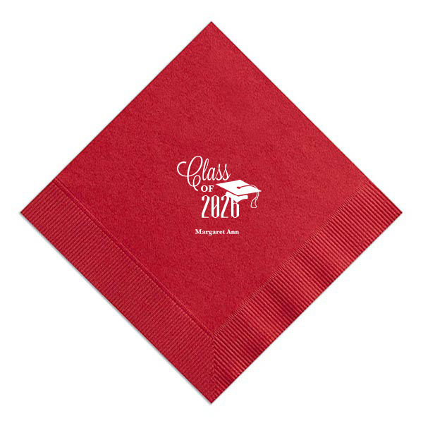Celebrate academic achievement with the Class of Graduation Cap Napkin. It proudly showcases the class year in a bold mix of script and block lettering, topped with a playful graduation cap design. Beneath, the graduate's name adds a personal touch, making this napkin a fitting tribute to their accomplishment.