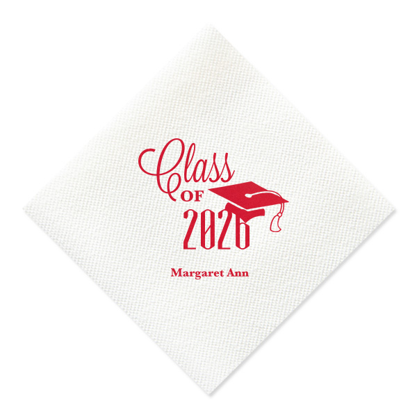 Celebrate academic achievement with the Class of Graduation Cap Napkin. It proudly showcases the class year in a bold mix of script and block lettering, topped with a playful graduation cap design. Beneath, the graduate's name adds a personal touch, making this napkin a fitting tribute to their accomplishment.