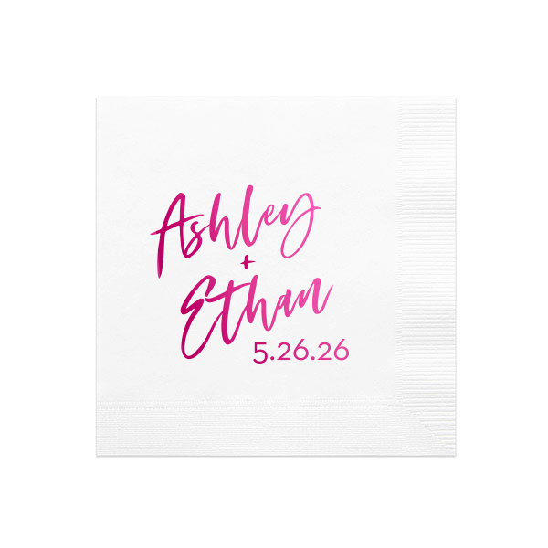 This modern wedding napkin displays a name and date in vibrant script for a clean, romantic look. Celebrate your big day with personalized table details that feel joyful, polished, and photo-ready. Perfect for wedding receptions, engagement parties, or bridal showers.