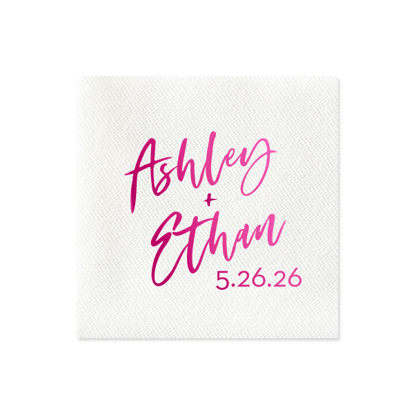 This modern wedding napkin displays a name and date in vibrant script for a clean, romantic look. Celebrate your big day with personalized table details that feel joyful, polished, and photo-ready. Perfect for wedding receptions, engagement parties, or bridal showers.